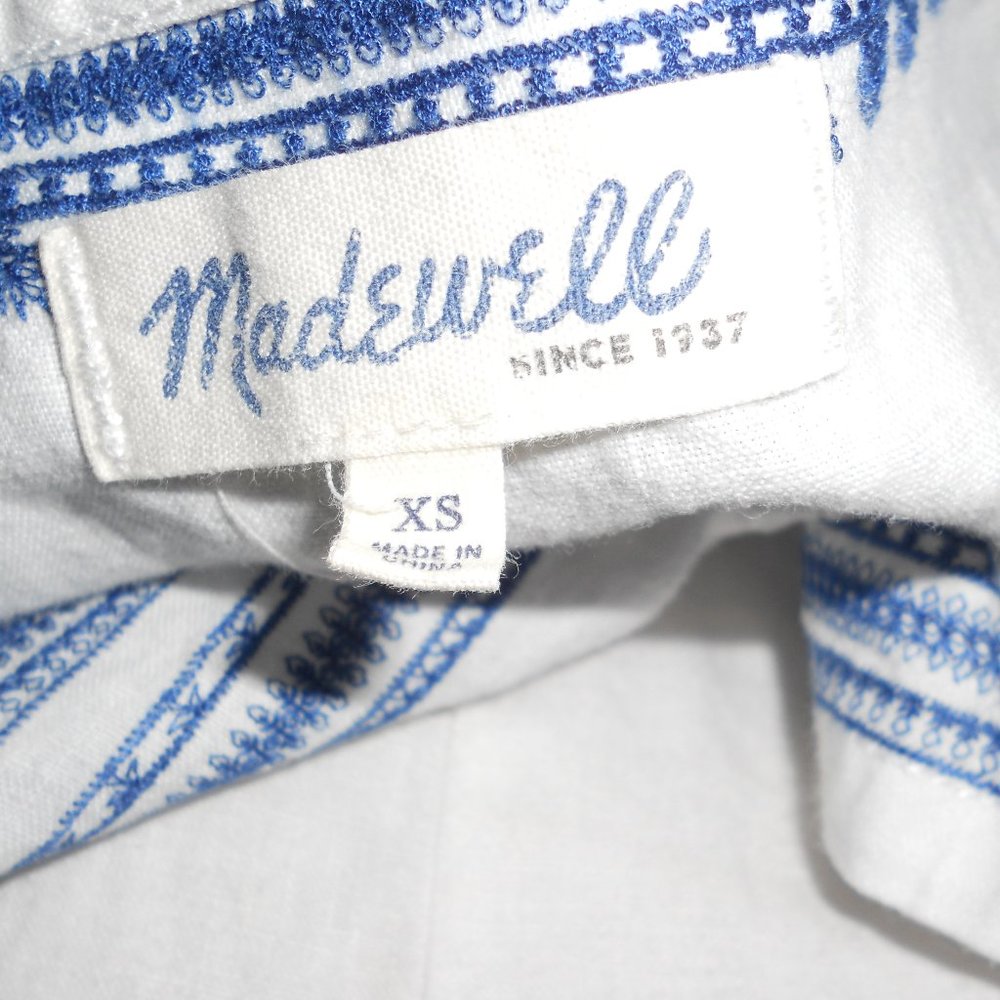 Madewell XS White Linen S/S Peasant Boho Blouse Blue Embroidery - Picture 4 of 5